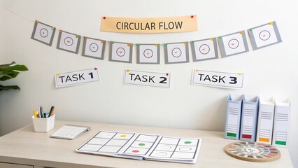 Workspace with Circular Flow Task Board and Planning Materials