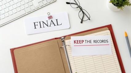 Workspace with Final Notice, Keep the Records Sign, and Supplies