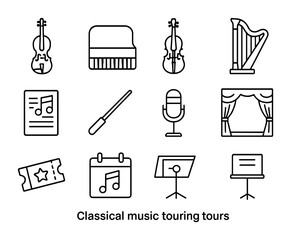 Obraz premium Classical Music Icons. Outline icon set of classical music tours: violin, piano, cello, harp, music sheet,