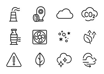 Air Pollution Icons. Outline icon set of air pollution control: smokestack, gas filter, cloud, carbon dioxide