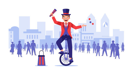 The Street Performer: A jovial street performer, poised atop a unicycle in a vibrant urban landscape, balances with skillful ease as he juggles a colorful array of items. © mahmuda428