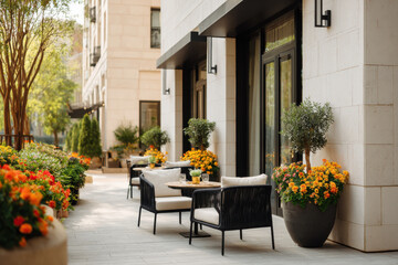 Fototapeta premium modern stylish outdoor cafe featuring beautifully designed terrace adorned with ultrabright flowers and lush green
