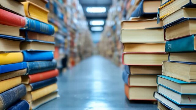 A vast library aisle filled with neatly stacked books, showcasing a serene study environment