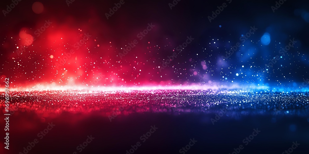 Poster Abstract glowing red and blue particles with bokeh effect on dark background, magical sparkling light trail with blurred motion and dust elements.