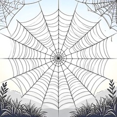 Obraz premium A detailed black-and-white illustration of a large spider web spanning a serene landscape.