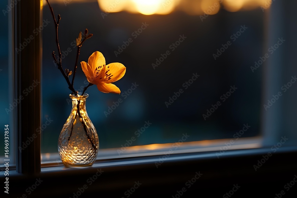 Poster single yellow flower in crystal vase on windowsill at sunset, creating atmospheric mood with soft bo