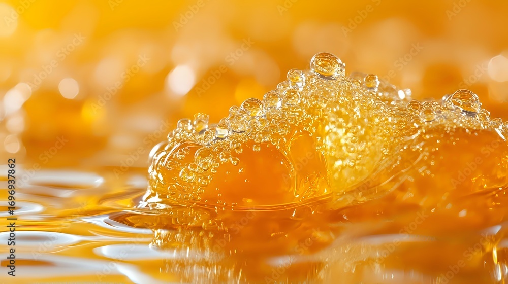 Poster macro shot of golden honey droplet splashing into liquid with tiny air bubbles creating dynamic text
