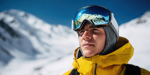 Man wearing orange winter jacket and ski goggles standing outdoors in snowy mountainous area, winter travel and climbing theme