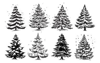 Christmas tree set on white, hand drawn illustration	

