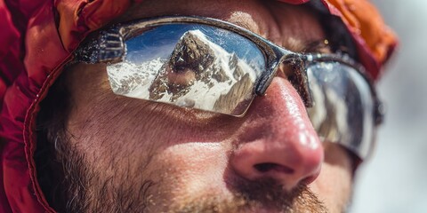 A man in special mountaineering glasses with a mirror reflection of snow-capped mountains. A tourist travels through the mountains, goes rock climbing
