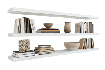 Modern floating shelves with books and decor accents for stylish home library display ideas