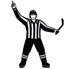 Ice hockey referee signaling penalty on white background