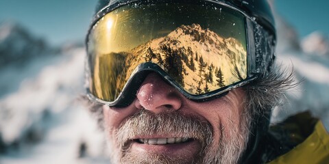 Man in winter clothes in ski goggles against the background of snowy mountain terrain. Climbing and winter travel theme