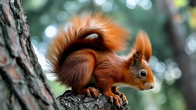 A vibrant red squirrel perched on a tree branch, surrounded by a blurred green forest background
