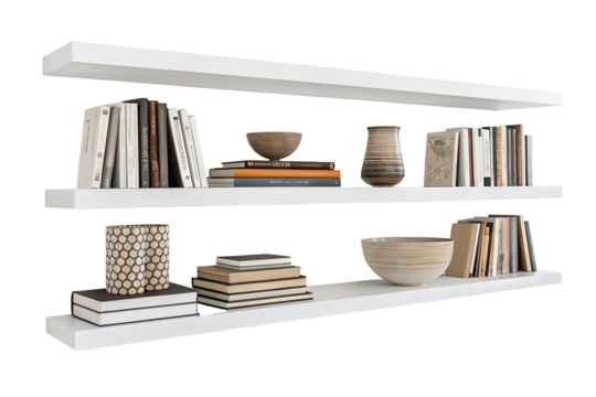 Modern floating shelves with books and decor accents for stylish home library display ideas
