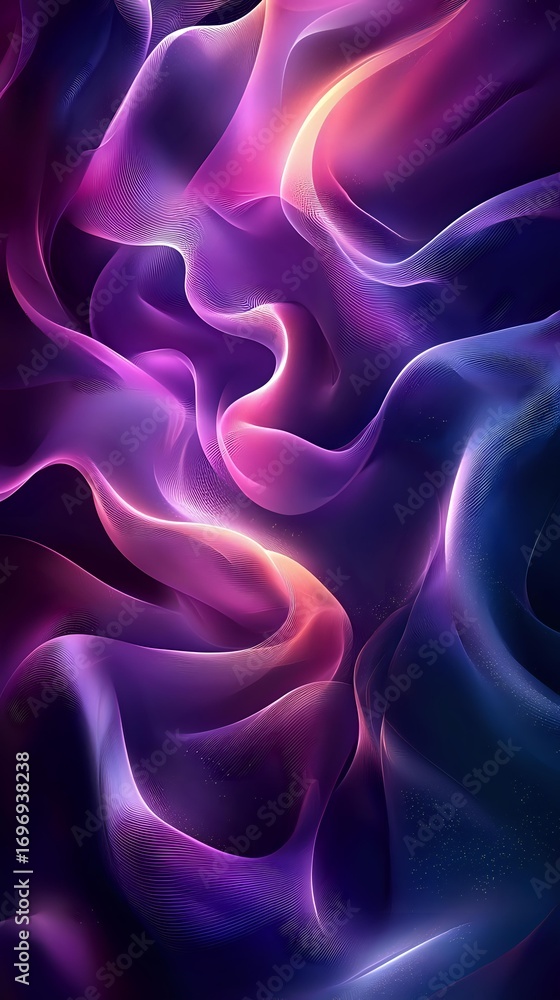 Poster abstract flowing waves in vibrant purple, pink and blue colors create dynamic movement with smooth g