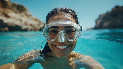 Naklejka premium Young Asian woman wearing diving mask smiling underwater in crystal clear turquoise sea, close-up portrait against rocky coastline background.