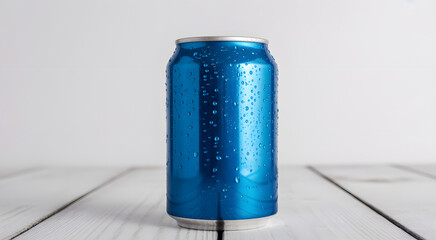 Blue Beverage Can: A close-up studio shot of a refreshing blue beverage can, glistening with condensation, suggesting the cool, invigorating contents within.