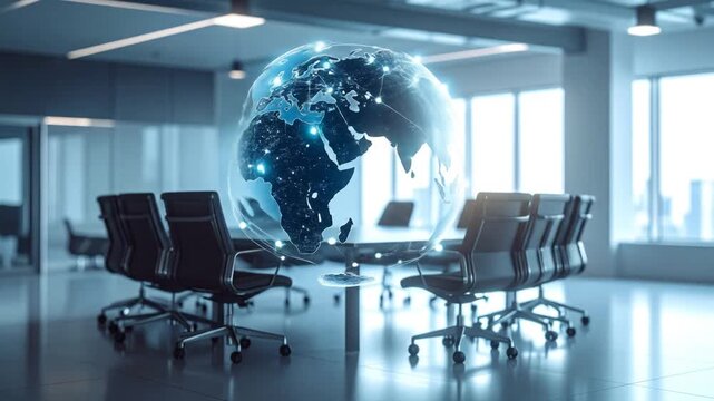 Global network meeting concept in modern conference room, innovative technology and futuristic