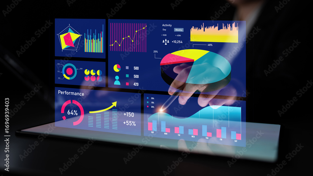 Poster a modern workspace features a transparent screen displaying colorful graphs and metrics, providing i