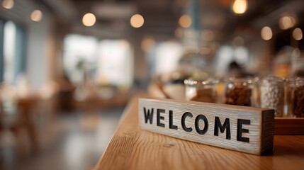 Welcome sign on a wooden counter in a cozy cafe with blurred background