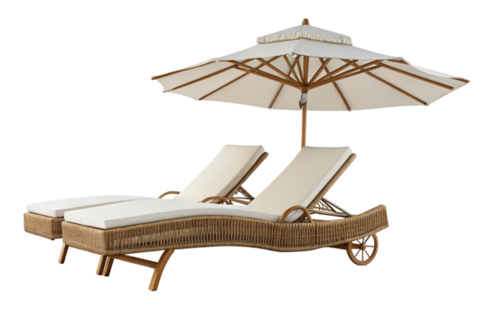 Elegant outdoor wicker sun loungers with umbrella for perfect patio relaxation and comfort setup