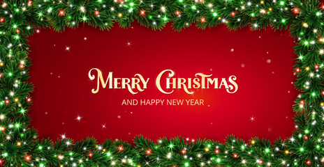 Christmas background with fir branches and glowing lights. Christmas tree rectangular frame. Golden Merry Christmas lettering on red. Perfect for banners, invitations, party posters. Vector.
