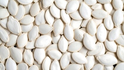 Close-up view of many white pumpkin seeds (1)