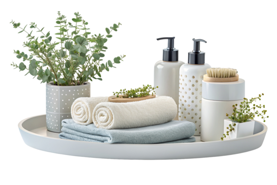 Modern bathroom essentials with rolled towels and green plants for stylish home spa experience