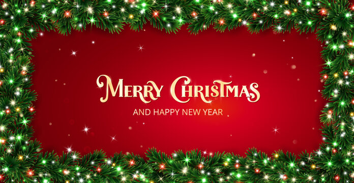 Christmas background with fir branches and glowing lights. Christmas tree rectangular frame. Golden Merry Christmas lettering on red. Perfect for banners, invitations, party posters. Vector.