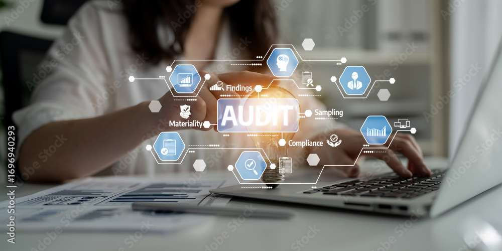 Poster a business professional performs an internal audit using advanced technology, focusing on data analy