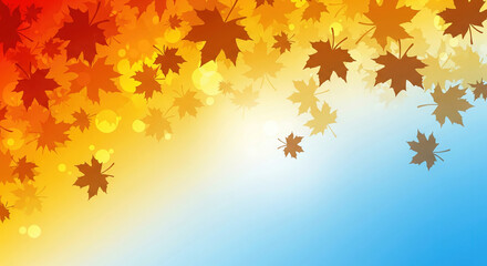 Obraz premium A backdrop symbolizing the transition of seasons, with colorful maple leaves transforming from autumn reds to sky blues, layered depth, and vibrant tones.