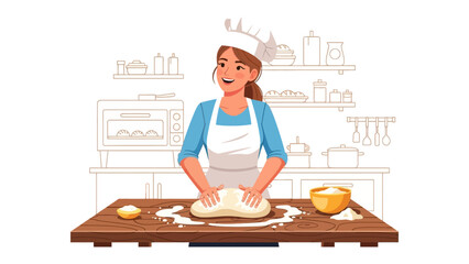 Artisan Baking: A skilled baker, bathed in natural light, kneads dough with expertise, surrounded by essential tools and ingredients, embodying the essence of culinary craftsmanship.