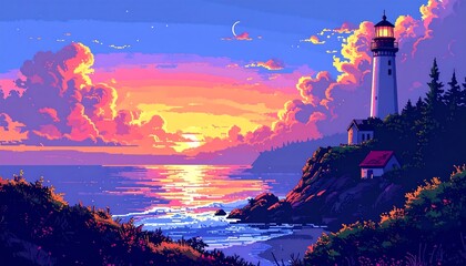 Pixel art sunset lighthouse scene