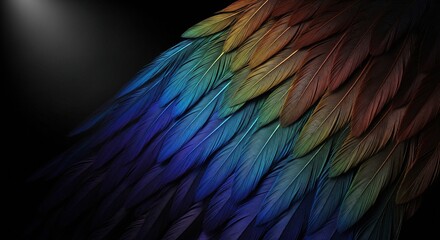 Obraz premium Close Up Of Colorful Feather Texture With Detailed Patterns And Iridescent Hues On Dark Background
