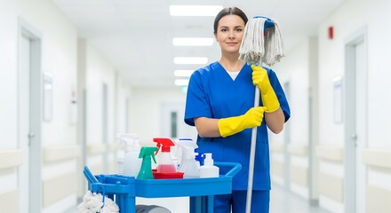 Professional female janitor in blue uniform cleaning a hospital corridor