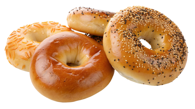 Delicious assorted bagels with sesame seeds and cheese on white background food photography