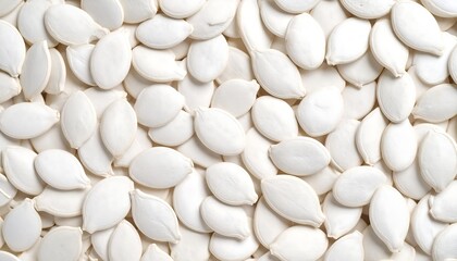 Close-up view of many white pumpkin seeds