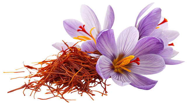 Vibrant saffron stigmas and purple crocus flowers captured in stunning detail for culinary use - Powered by Adobe
