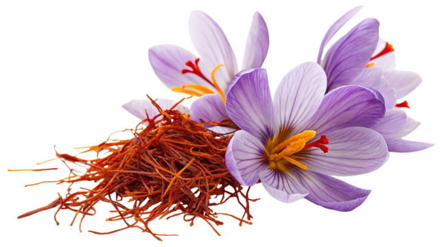 Vibrant saffron stigmas and purple crocus flowers captured in stunning detail for culinary use