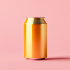 Fototapeta premium Bright orange aluminum beverage can stands on a soft pink background, showcasing its sleek design and vibrant color, perfect for product mockups and advertising