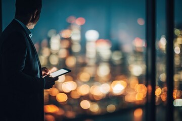 Businessman using tablet overlooking city skyline at night