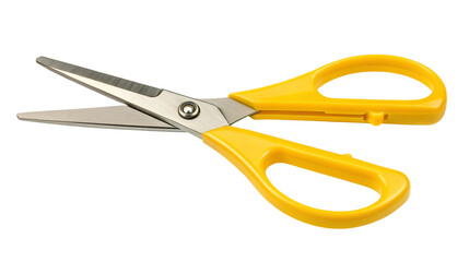Fototapeta premium Sharp stainless steel scissors with bright yellow plastic handles on a plain white background