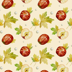 Seamless watercolor pattern with autumn apple pie, charlotte, leaves, apples
