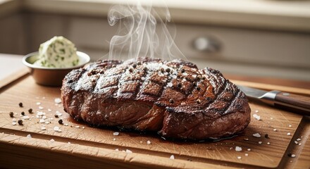 Seared Steak on Wooden Board with Steam
