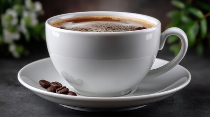 Fototapeta premium A cup of fresh brewed coffee with a saucer next to coffee beans