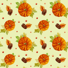 Seamless autumn pattern with watercolor pumpkins and leaves
