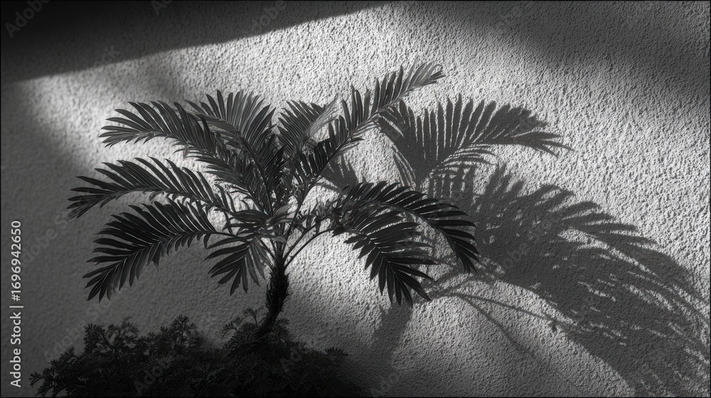 Poster a monochrome image of a palm tree, highlighting its shadow on the wall. a play of light and shadow r
