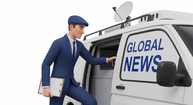 A professional news reporter dressed in a suit and cap steps out of a global news van holding a clipboard and ready to report