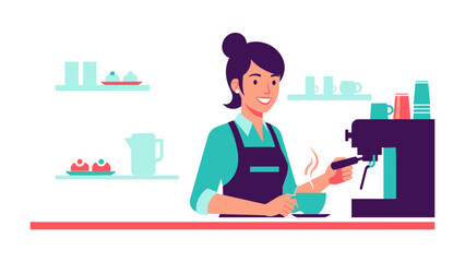 Cafe culture illustrated: A cheerful barista, expertly preparing coffee with modern equipment, embodies the warmth and community of a cafe, rendered in a vibrant and approachable illustration style.